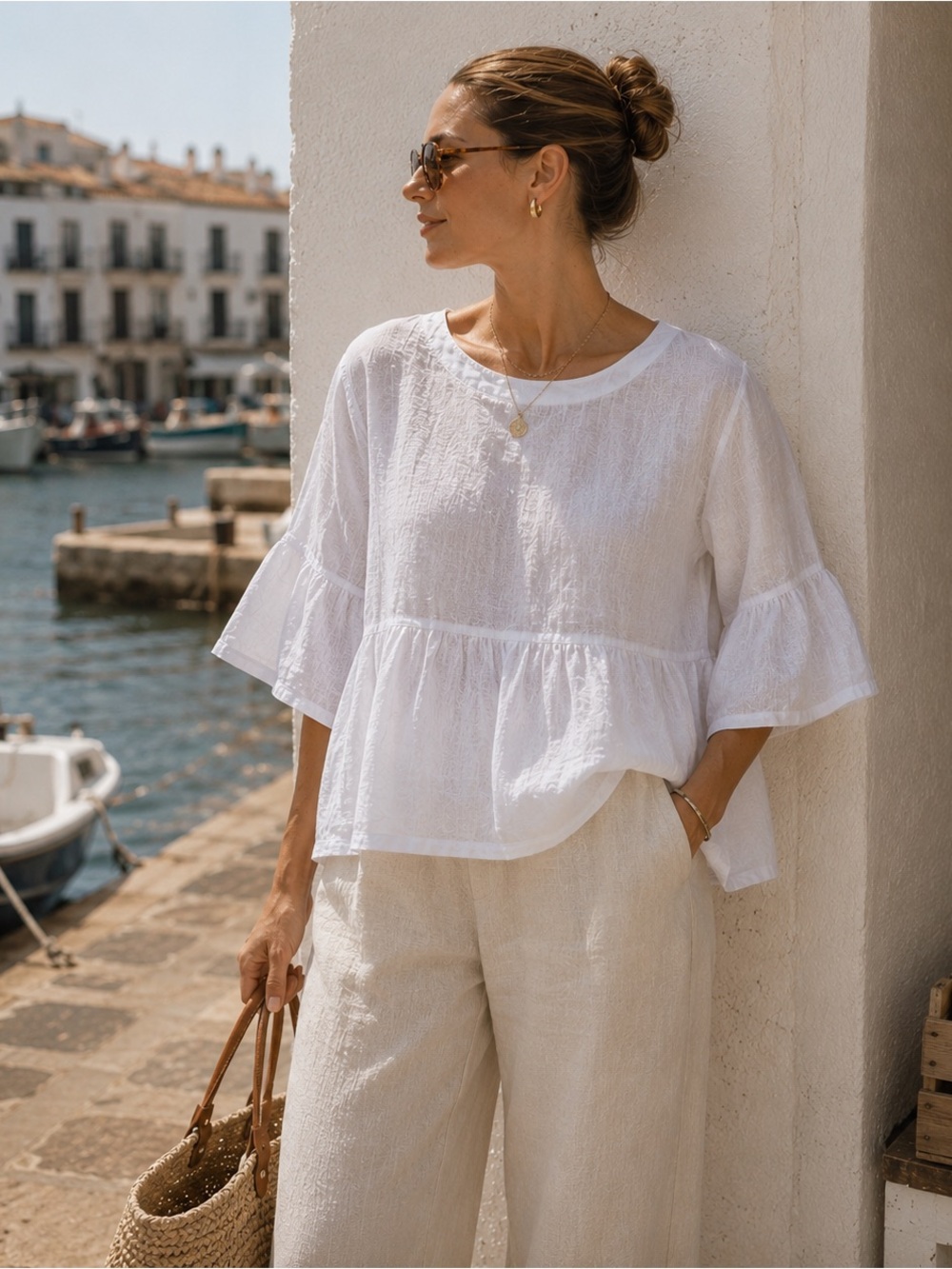 100% Linen White Peplum Blouse XS Ruffle Sleeve Coastal Resort